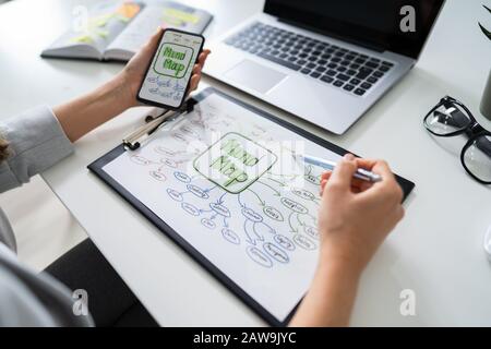 Businessperson's Hand Drawing Mind Map On Paper Stock Photo
