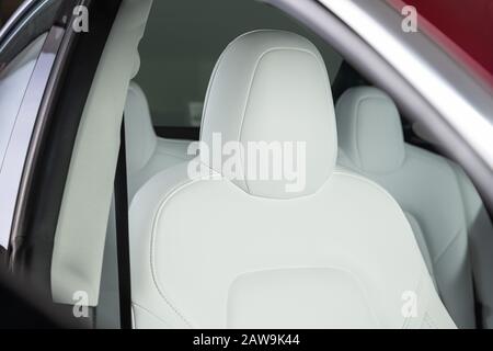 Car interior with white leather seats Stock Photo