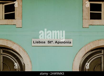 Lisbon Santa Apolonia train station sign. Stock Photo