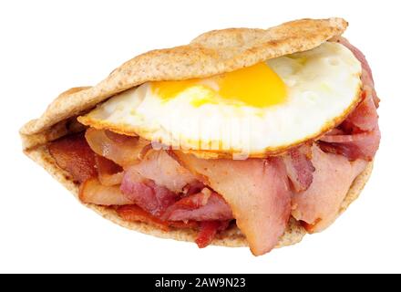 Fried egg and bacon flatbread sandwich isolated on a white background Stock Photo