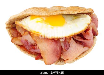 Fried egg and bacon flatbread sandwich isolated on a white background Stock Photo