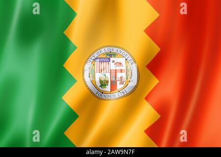 Los Angeles city flag, California. United states waving banner collection. 3D illustration Stock Photo