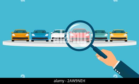 Vector of a man with magnifying glass making a red car choice Stock Vector