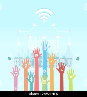 Global communications concept. Vector of human hands with social media icons using mobile devices and internet networking Stock Vector