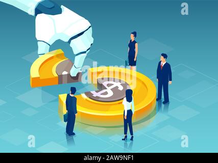 Vector of a robot hand taking piece of dollar coin cain from business people Stock Vector