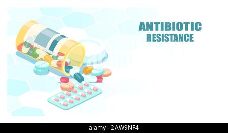 Vector of antibiotic capsules spilling out bottle. Multidrug resistance problem concept. Stock Vector