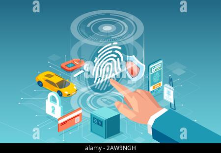 Biometric access finger print control concept. Vector of a businessman using digital touch scan identification system to gain access Stock Vector