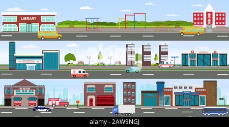 Vector of urban cityscape and rural area with modern buildings, skyscrapers, houses, hospital, fire department, police station, school, library and pa Stock Vector