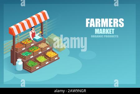 Vector of a market farmer selling local vegetables and produce on her stall Stock Vector