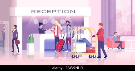 Vector of a hotel reception with travelers checking in, porter man carrying bags and guest relaxing in the lobby Stock Vector