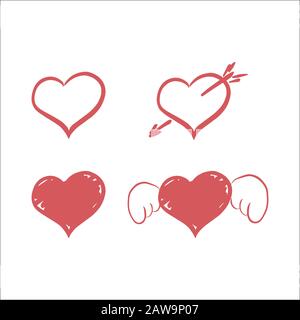 Set of red vector hearts icons - handmade calligraphy. scalable and editable vector illustration. Stock Vector