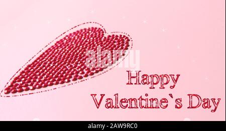 Happy valentines day greeting card 3D concept with big heart flat lay side view with sequins style words 'Happy Valentine's day'. Stock Photo