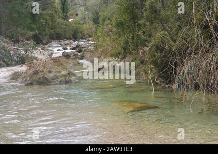 The Algars, an unspoilt Mediterranean mountain river in Els Ports Natural Park, Catalonia Stock Photo