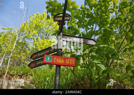 ALESUND, NORWAY - MAY 29, 2017: Sign to the Fjellstua Mountain Viewpoint. Stock Photo