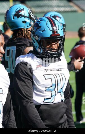 Dallas Renegades running back Cameron Artis-Payne (34 )on the sideline during an XFL practice, Saturday, February 1, 2020, at Globe Life Field in  Arlington Texas, USA. (Photo by IOS/ESPA-Images) Stock Photo