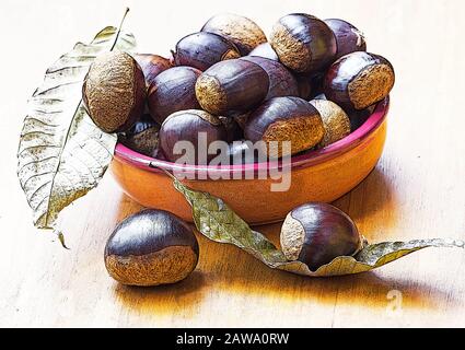 Chestnuts and dried leaves in a bowl Stock Photo