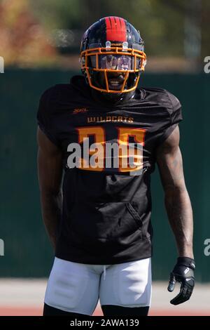 Los Angeles Wildcats safety wears images of Los Angeles Lakers guard Kobe Bryant on his visor during practice, Wednesday, Feb. 5, 2020, in Long Beach, Calif. The Wildcats are part of the eight-team XFL, a professional American football league owned by Vince McMahon's Alpha Entertainment, with  headquarters in Stamford, Connecticut. It is the successor to the original XFL, which was controlled by the World Wrestling Federation (WWF, now WWE)  and NBC, and ran for a single season in 2001.(Photo by IOS/ESPA-Images) Stock Photo