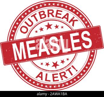 red stamps showing the term outbreak alert measles. All on white background. Stock Vector