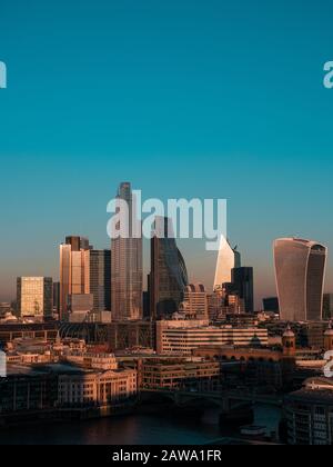 Last Light of The Day Hitting Skyscrapers, City of London, England, UK, GB. Stock Photo