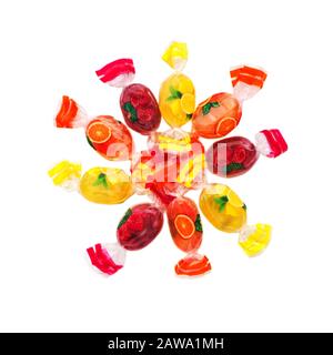 Candies set isolated on a white background. Fruit candies. Candy sweet isolated. Candies caramel cut out. Stock Photo