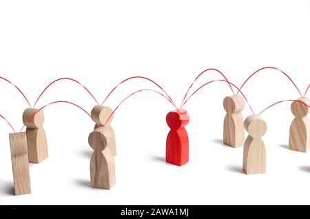 Red human figure in contact with surrounding persons. Cooperation collaboration, teamwork. Role intermediary mediator, leader, leadership. Communicati