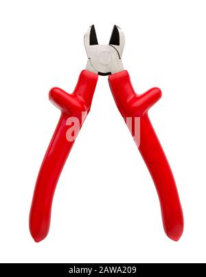 Pliers tool isolated on a white background. Cutting pliers or Nippers, Side cutter red color. Stock Photo