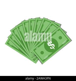 Dollar banknotes fan, in flat style. Big pile of cash money isolated on white background. Investment, financial or business concept. Vector illustrati Stock Vector