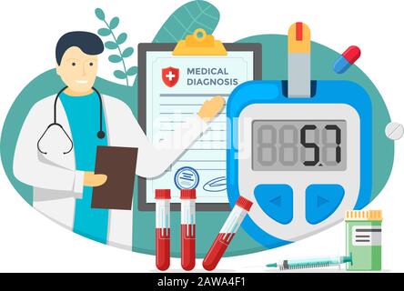 Doctor with glucometer for measuring sugar level and diabetes medical diagnosis blank form. Diabetic blood glucose meter with pills and test tubes. Laboratory test equipment and syringe illustration Stock Vector