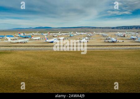 View of Teruel noncommercial airport where airplanes are stored and parked for refurbishment or maintenance in Spain Stock Photo