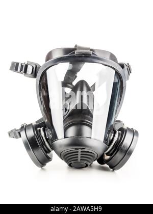 Full facepiece respirator with interchangeable filter cartridges shot over white Stock Photo