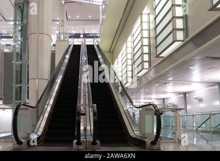 Double elevator going downward in Terminal B of Dulles Airport Washington DC USA Stock Photo