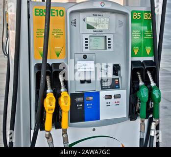 Biofuel pumps, service station, E-85 blend of 85% bioethenol & 15% unleaded gasoline, blend can be used in all flexFuel designated vehicles. Stock Photo