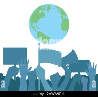 hands human up protesting with world planet and megaphone Stock Vector