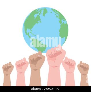 hands human up protesting with world planet Stock Vector