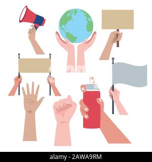 hands human up protesting with set icons Stock Vector