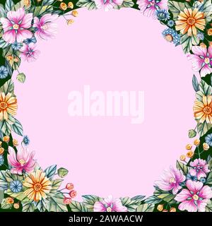 Floral square frame of watercolor wildflowers. There is a place for text. Spring and summer template for wedding invitations and social networks. Stock Photo