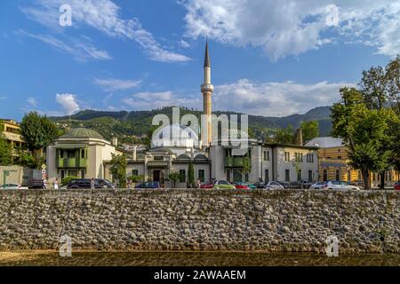 The Emperor's Mosque on the banks of the Milyacka River.The oldest mosque in Sarajevo.It is the largest single-subdome mosque in Bosnia and Herzegovin Stock Photo