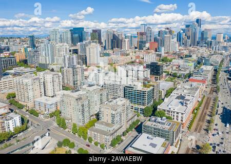 Aerial footage of the Belltown District in Seattle Stock Photo