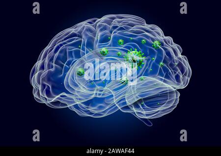 Brain with virus, ghost light effect, x-ray hologram. 3D rendering on dark blue background Stock Photo