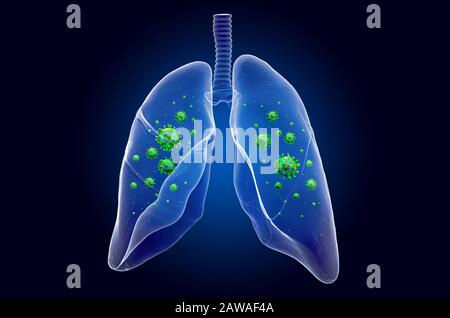 Lungs with virus, ghost light effect, x-ray hologram. 3D rendering on dark blue background Stock Photo