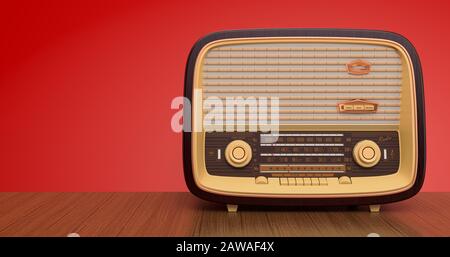 Vintage radio receiver front view on the wooden table. 3D rendering Stock Photo