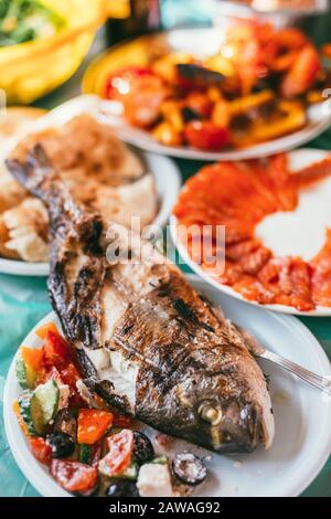 serving table with grilled fish, vegetable salad, salted fish and vegetables on plastic disposable plates. Selective focus macro shot with shallow DOF Stock Photo