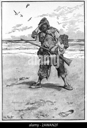 1890 ca, GREAT BRITAIN : ROBINSON CRUSOE , engraving by the artists Walter Paget ( 1863 - 1935 )  . The british writer , journalist, and spy DANIEL DE Stock Photo