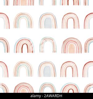 Watercolor seamless pattern with rainbows in warm pastel colors. Hand drawn cute abstract background, digital paper perfect for kids fabric textile an Stock Photo