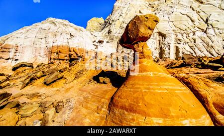 Toadstool Hoodoos against the background of the colorful sandstone mountains in Grand Staircase-Escalante Monument in Utah, Unites States Stock Photo