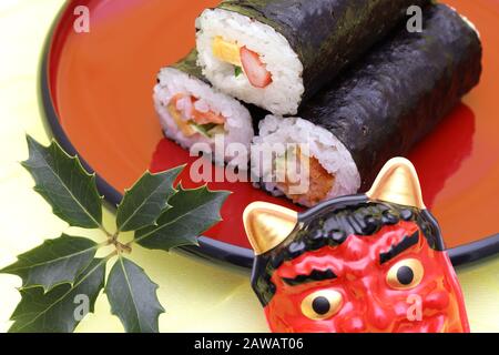 Japanese traditional Setsubun event, Masks of Oni demon and ehomaki are used on an annual event Stock Photo