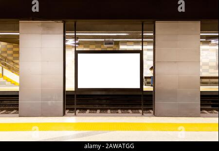 Blank billboard at the subway metro passenger station. Writing area for advertisement. Copy space Stock Photo