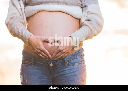 Pregnant woman hands making heart shape on belly . Stock Photo