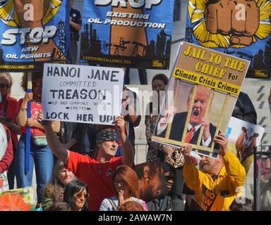 Los Angeles, California, USA. 07th Feb, 2020. Activists gather in front of City Hall during a Fired Frill Friday event outside City Hall in Los Angeles on Friday, February 7, 2020. Activists spoke about the health problems people experience when living near oil and gas extraction, particularly in low-income neighborhoods. Studies have linked people to developing cancer and other health issues. 'It is not the communities of the rich and affluent Los Angeles that are being affected. It is the low-income communities of color that are,' said Kevin Patel, a climate activist and founder of One Up Ac Stock Photo