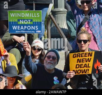 Los Angeles, California, USA. 07th Feb, 2020. Activists gather in front of City Hall during a Fired Frill Friday event outside City Hall in Los Angeles on Friday, February 7, 2020. Activists spoke about the health problems people experience when living near oil and gas extraction, particularly in low-income neighborhoods. Studies have linked people to developing cancer and other health issues. 'It is not the communities of the rich and affluent Los Angeles that are being affected. It is the low-income communities of color that are,' said Kevin Patel, a climate activist and founder of One Up Ac Stock Photo